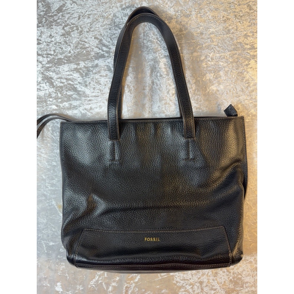 Fossil Womens Black Leather Tote Bag Large Pebbled Leather Shoulder Purse